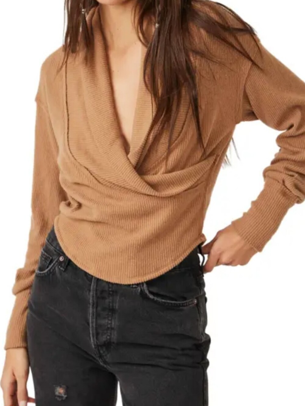 We The Free Free People Hold Me Close Ribbed Crossover Sweater Brown, XS